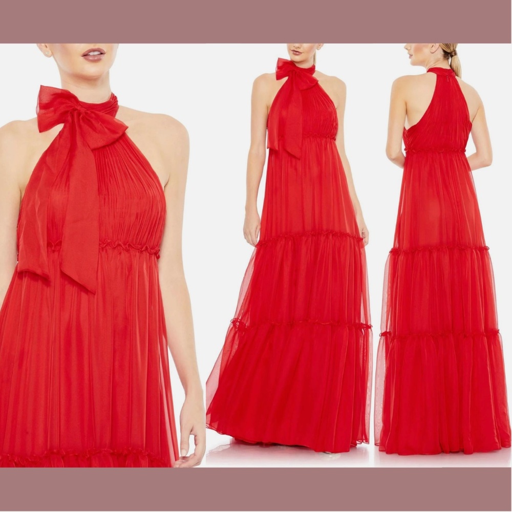 NWT $398 IEENA Mac Duggal [‎ 12 ] Ruched Tiered High Neck Bow A Line Gown RED